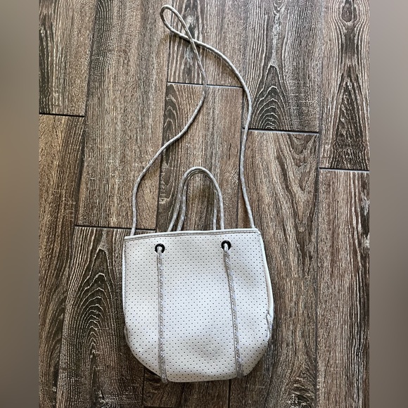 NWOT ah•dorned Neoprene perforated shoulder tan bag - Picture 3 of 16